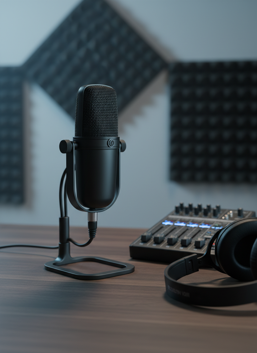 A sleek, modern podcast microphone crafted from brushed black metal with a fine mesh grille, mounted on a minimalist shock mount above a dark walnut desk. Around it, softly glowing LED audio meters on a compact mixing console and a pair of closed-back studio headphones rest neatly folded. The scene is set in a professional recording studio with acoustic foam panels receding into a subtle blur. Cool, diffused studio lighting from the side creates gentle highlights along the microphone’s contours and soft shadows on the desk, evoking a calm, focused atmosphere. Photographic realism, shot at eye level with a shallow depth of field, emphasizing clarity, precision, and the idea that every voice has a story ready to be recorded.